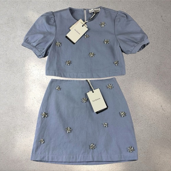 Anthropologie En Saison Bijou Lightweight Denim Blue Skirt And Top Set XS NWT - Picture 4 of 10